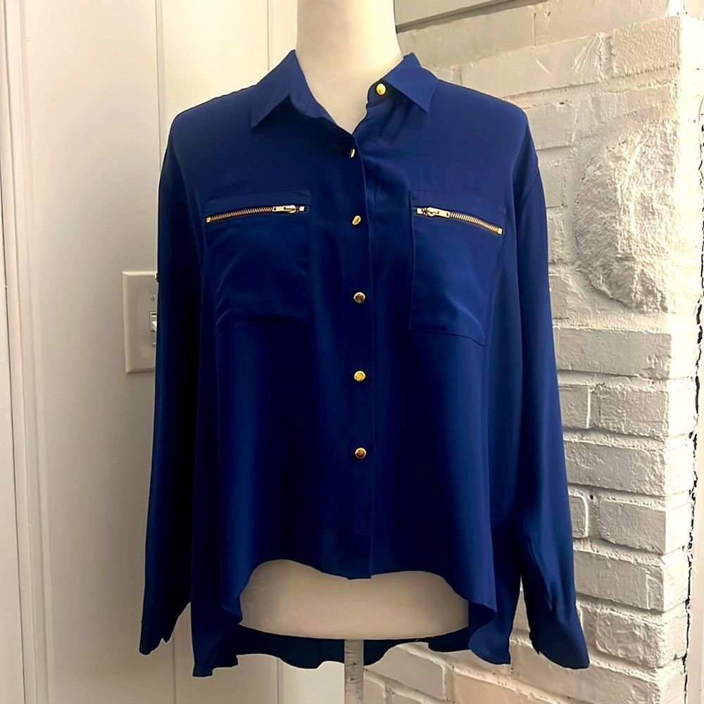 Amanda Uprichard Blue Silk High-Low Hem Button Front Zip Pocket Blouse